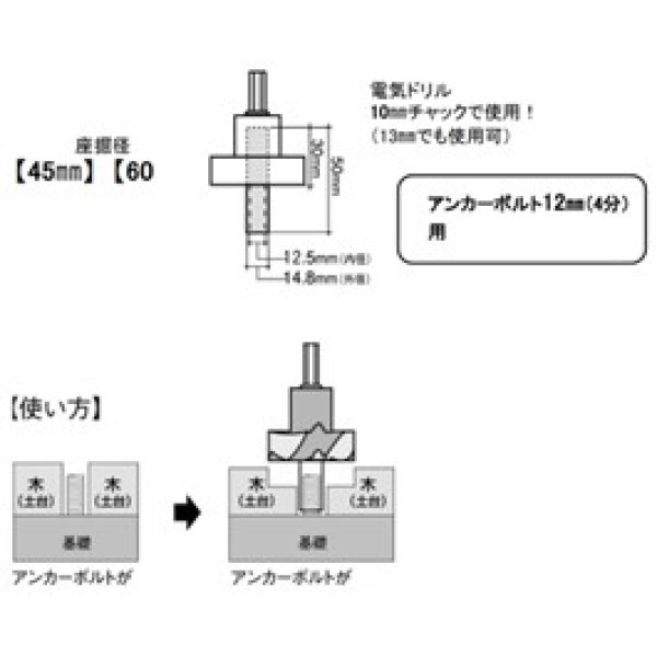 画像2: 362-0060 パイプ付土台座堀錐 60mm (1丁入) (2)